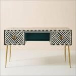 Modern Geometric Console Table with Dual Drawers, Open Shelf Storage, Gold Metal Legs, Black and White Patterned Front, Contemporary Luxury Entryway Furniture Piece