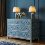 Blue Floral Patterned Three-Drawer Chest | Luxury Handmade Dresser