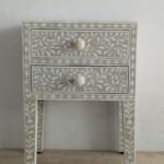 Vines Gray Bone Inlay Side Table with 2 Drawers, Bedside Table,