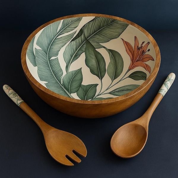r w 4 The Tropical Oasis: Enameled Wood Salad Bowl & Servers Set - Image 1