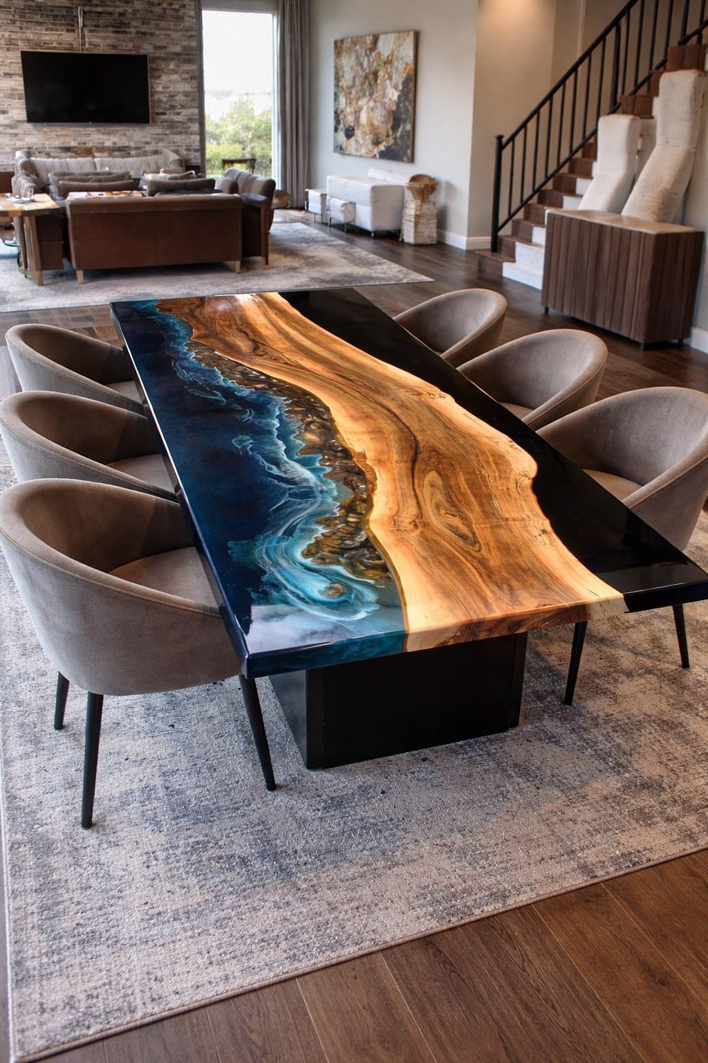 t1 Walnut & Ocean Blue Epoxy Dining Table - Image 1
