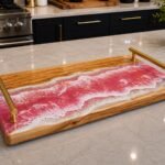 Pink Ocean Wave Epoxy Serving Tray, Handmade Wooden Resin Tray,